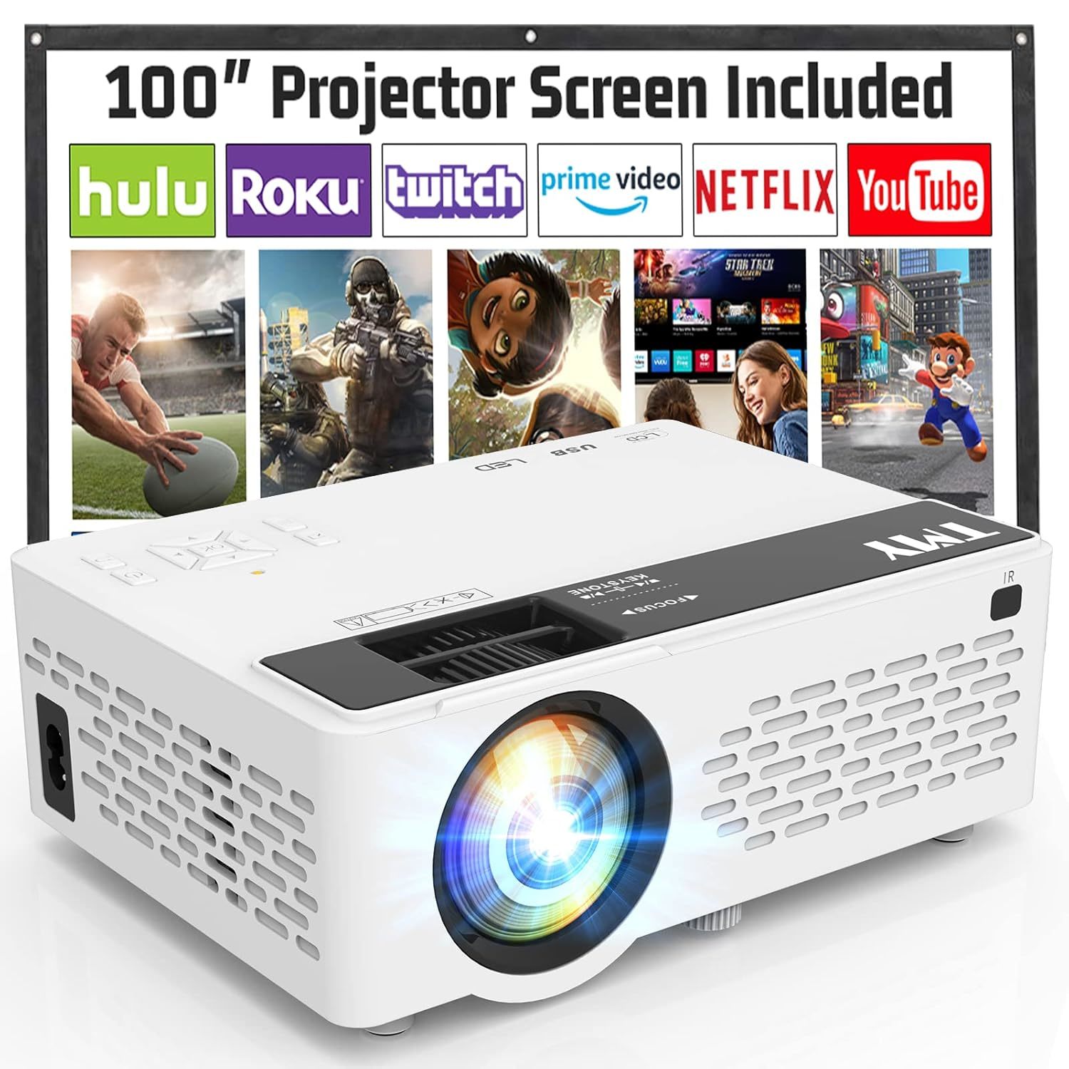 TMY Mini Projector, Upgraded 9500 Lumens Bluetooth Projector with 100" Screen, 1