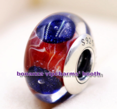 TOP 925 Sterling Silver Handmade Glass Shiny Red and Blue Murano Glass C... - £4.40 GBP