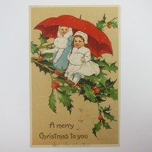 Christmas Postcard Victorian Girls Red Umbrella Holly Berries Embossed A... - $9.99