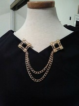 Vintage Golden Pin Brooch Chain Linked 2 Pin Sweater Guard Faux Black Gems - £25.20 GBP