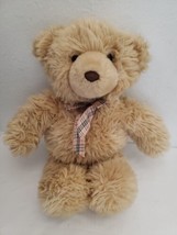 A&A Teddy Bear Plush Stuffed Animal Tan Plaid Bow Brown Nose Shaggy Fur - $24.73