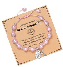 Pink Pearl Rosary Cross Charm Bracelet, Baptism - $62.45