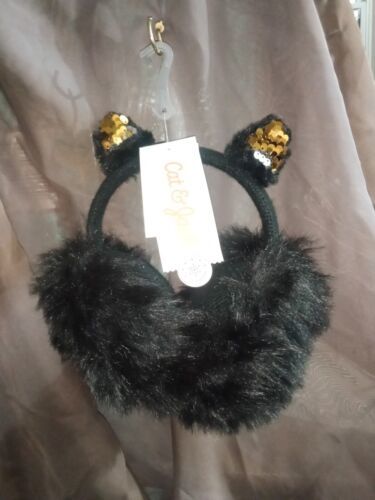Primary image for Cat & Jack Girls Black Gold Faux Fur Sequin Cat Earmuffs One Size Fits Most NEW