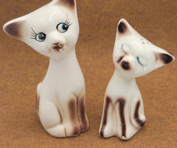 Vintage Kitty Cats Salt &amp; Pepper Shakers Whimsical Ceramic White Brown Blue Eyes - $22.99