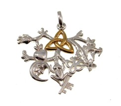 Solid 925 Sterling Silver &amp;14k Gold Cimaruta Witch Trinity Pendant Italian Charm - £65.07 GBP