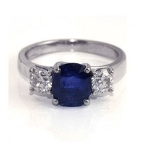 3.25Ct Finto Zaffiro Blu 14K Placcato Oro Bianco 3-Stone Anello di Fidanzamento - £73.55 GBP