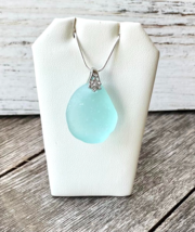 Women&#39;s Lt Aqua Blue Beach Sea Glass Pendant Necklace 18&quot; Silver Rhinestone Bail - £7.37 GBP