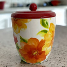 Pier One Red Blue Floral Cookie Jar Canister 7 3/4&quot; Tall Replacement Retired - £29.21 GBP