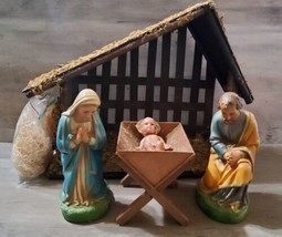 Vintage Chalkware Nativity Set Joseph Mary Baby Jesus Manger Shelter Barn Large - £93.15 GBP