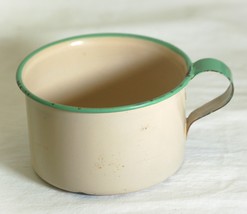 Graniteware Enamel Coffee Cup Mug Tan with Green Handle &amp; Trim - $19.79