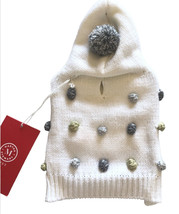 Martha Stewart Silver Gold Pom Poms Knit Hooded Dog Sweater XS White - £23.02 GBP
