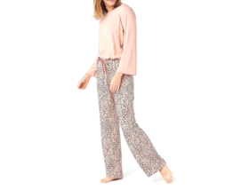AnyBody Brushed Jersey Bell Sleeve 2-Piece Pajama Set- Misty Rose/ Cheetah, XL - £22.61 GBP