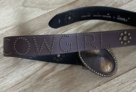 Nocona Cowgirl Leather Rhinestone Brass Studded Belt &amp; Belt Buckle Size Small - £22.39 GBP