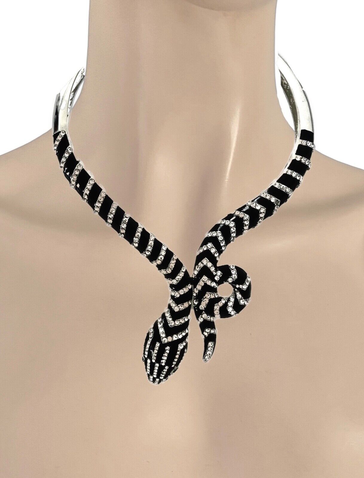 2.75" Drop Clear Rhinestones Black Statement King Snake Necklace Earrings Set - $54.15