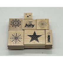 Stampin&#39; Up Set of 7 July Fourth Wood Mounted Stamps Fireworks Stars 4th... - $13.09