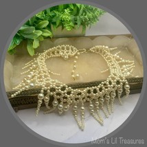 Faux Pearl Collar Necklace Beaded Dangle Lace Bib Necklace • Vintage Jewelry - £15.33 GBP