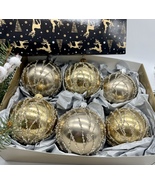 Set of 6 gold with glitter Christmas glass balls, hand painted ornaments  - £42.58 GBP