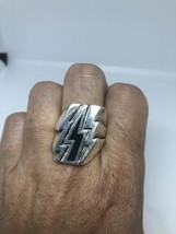 Vintage Black Lightning Bolt Ring Southwestern Onyx Inlay White Bronze 10.75 - £31.20 GBP