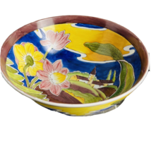Oriental Center Bowl Hand-painted Signed Blue Yellow Mauve Floral Meadow - £30.04 GBP