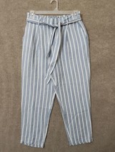 Loft Linen Blend Pants Womens M Blue White Striped Paperbag Waist Belted NEW - £20.77 GBP