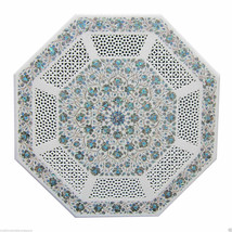 28&quot; White Marble Marquetry Turquoise Paua Shell Inlay Filigree Coffee Table Top - £5,124.77 GBP