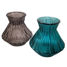 Colorful Glass Vase Set Ribbed Small Unique Design Blue Gray Clear Bottom Funnel - £12.80 GBP