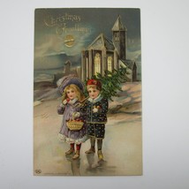 Christmas Postcard Victorian Boy Girl Tree Church EAS Gel Gold Embossed Antique - £23.58 GBP