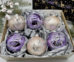 Set of pink and purple Christmas glass balls, hand painted ornaments with box - £42.70 GBP