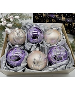 Set of pink and purple Christmas glass balls, hand painted ornaments wit... - £42.58 GBP