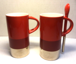 Starbucks Ceramic Coffee Cups Set of 2 One Spoon 2 Shades of red and Silver 8 oz - £10.79 GBP