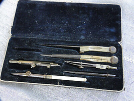  Antique Brass &amp; Steel Drafting Tool Set in Original Box  - $156.13