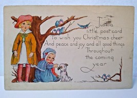 Christmas Postcard Whitney Children Puppy Dog Row Of Bluebirds In Tree 1921 - £8.85 GBP