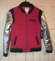 True Religion Girls /Boys Bomber Jacket Raspberry &amp; Metallic Silver sz XL NEW - £138.48 GBP
