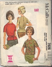 Mc Call's 1963 Pattern 7026 Size 10/12/14 Misses' Blouse - $3.00