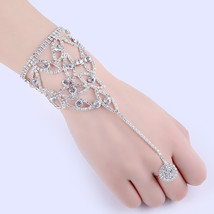Rhinestone Chain Bracelet Link Connected Finger Ring Bracelets for Women Link Ha - £12.14 GBP