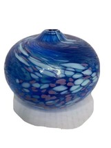 Signed Iridescent Hand Blown Art Glass Swirl Vase Oil Lamp Ball Round Blue - $34.95