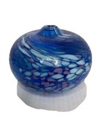 Signed Iridescent Hand Blown Art Glass Swirl Vase Oil Lamp Ball Round Blue - £27.49 GBP