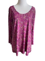 Susan Graver Blouse Sz Women’s Large Purple Floral Print Liquid Knit Sparkles - £18.87 GBP