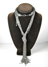Silvertone Knotted Necklace Vintage 11 Strand Open Sautoir Ends 48&quot; Signed V - £16.60 GBP
