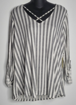 Flower &amp; Feather Top Blouse Shirt Boho Striped Black White Plus Size 1XL... - £10.26 GBP