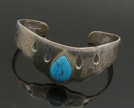 MEXICO 925 Silver  - Vintage Tear Drop Turquoise Cutout Cuff Bracelet - BT9096 - £111.35 GBP