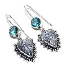 Stick Stone And Blue Topaz Ethnic Gemstone Handmade Jewelry Earring 1.85&quot;  - $11.99