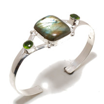 Blue Fire Labradorite Peridot Gemstone Handmade Jewelry Bangle Adjustable SA 203 - $6.49