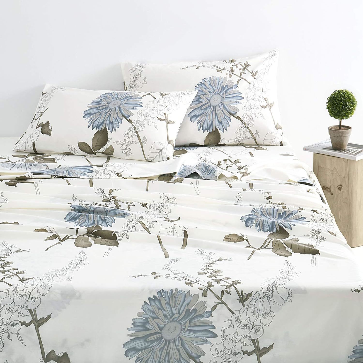 - Floral Sheet Set, 100% Cotton Bedding, Botanical Flowers Pattern Printed (4Pcs