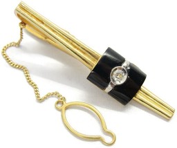 2&quot; Tie Clip 18Kt Solid Yellow Gold 1/4 Carat Diamond Button Chain Black Onyx - £2,992.88 GBP
