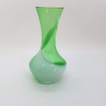 Vintage Clear Green Satin White 5.5&quot; Bud Vase Art Glass Swirl - £23.58 GBP