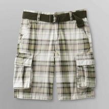 Boys Cargo Shorts Route 66 Green Plaid Adjustable Waist Belted Flat Fron... - $10.89