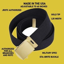 MILITARY ARMY NAVY ROTC BLACK WEB BELT GOLD BUCKLE ADJUSTABLE 19&quot; - 60&quot; ... - £8.62 GBP