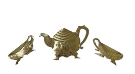 Home Interiors Brass Metal Teapot &amp; Teacups Wall Hanging Set Of Three Vi... - $25.06