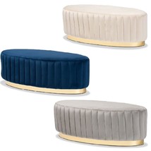 Oval Ottoman Beige Gray Blue Padded Velvet Gold PU Base Glam Luxe Channel Tufted - $209.97